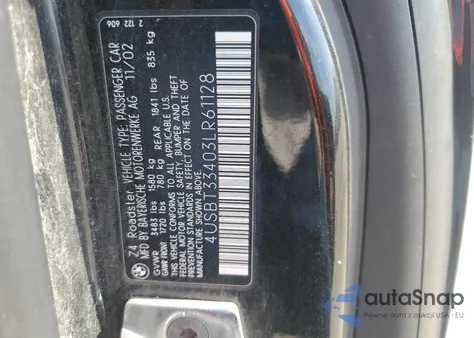 2003 BMW Z4 2.5 z USA, uszkodzony, nr VIN 4USBT33403LR61128